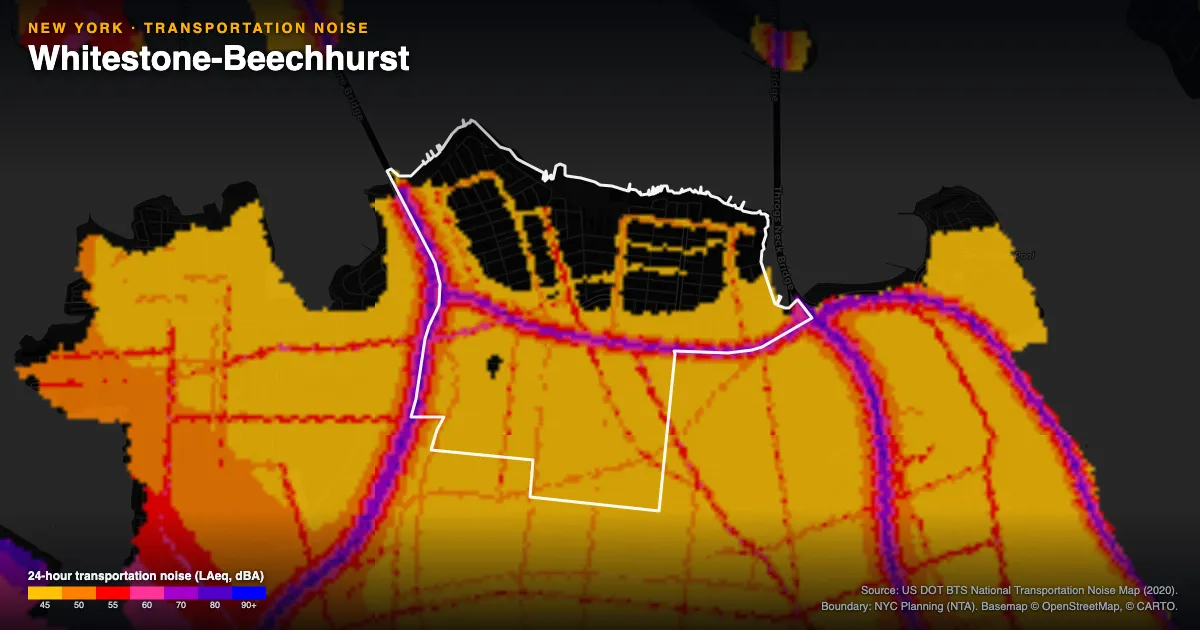 Transportation-noise map of Whitestone-Beechhurst, New York: the neighborhood outlined in white over modeled road, rail and aircraft noise, colored from amber (about 45 dBA) through red and purple to blue (90 dBA and up).