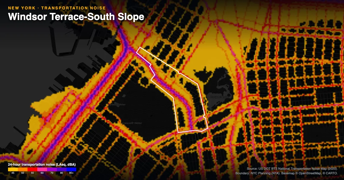 Transportation-noise map of Windsor Terrace-South Slope, New York: the neighborhood outlined in white over modeled road, rail and aircraft noise, colored from amber (about 45 dBA) through red and purple to blue (90 dBA and up).