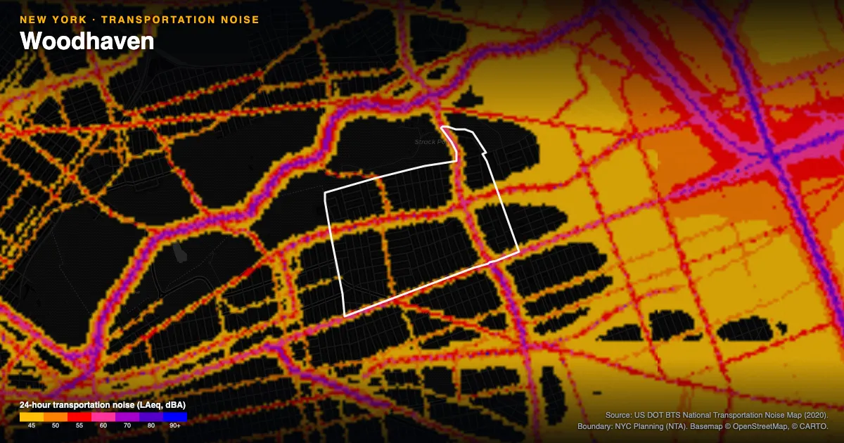Transportation-noise map of Woodhaven, New York: the neighborhood outlined in white over modeled road, rail and aircraft noise, colored from amber (about 45 dBA) through red and purple to blue (90 dBA and up).
