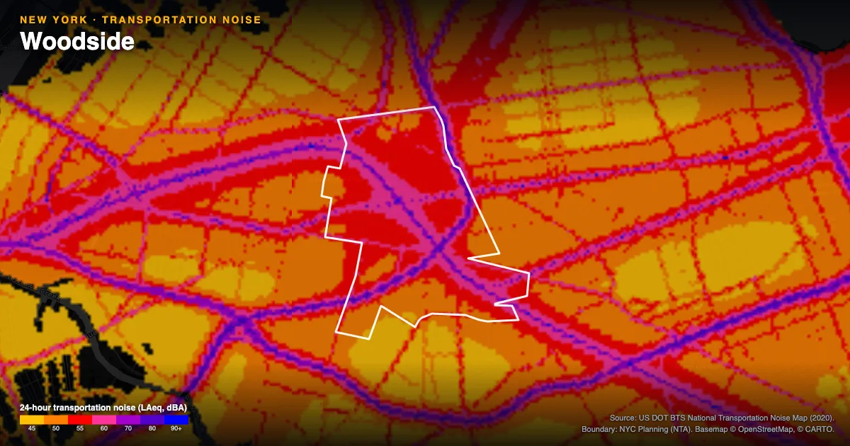 Transportation-noise map of Woodside, New York: the neighborhood outlined in white over modeled road, rail and aircraft noise, colored from amber (about 45 dBA) through red and purple to blue (90 dBA and up).