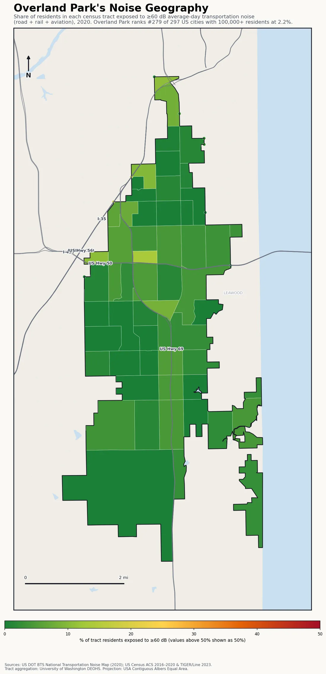 Census-tract noise map of Overland Park, KS: tracts colored green (few residents above 60 dB transportation noise) to red (half or more residents above 60 dB). The loudest tracts follow Overland Park's busiest road, rail and flight corridors.