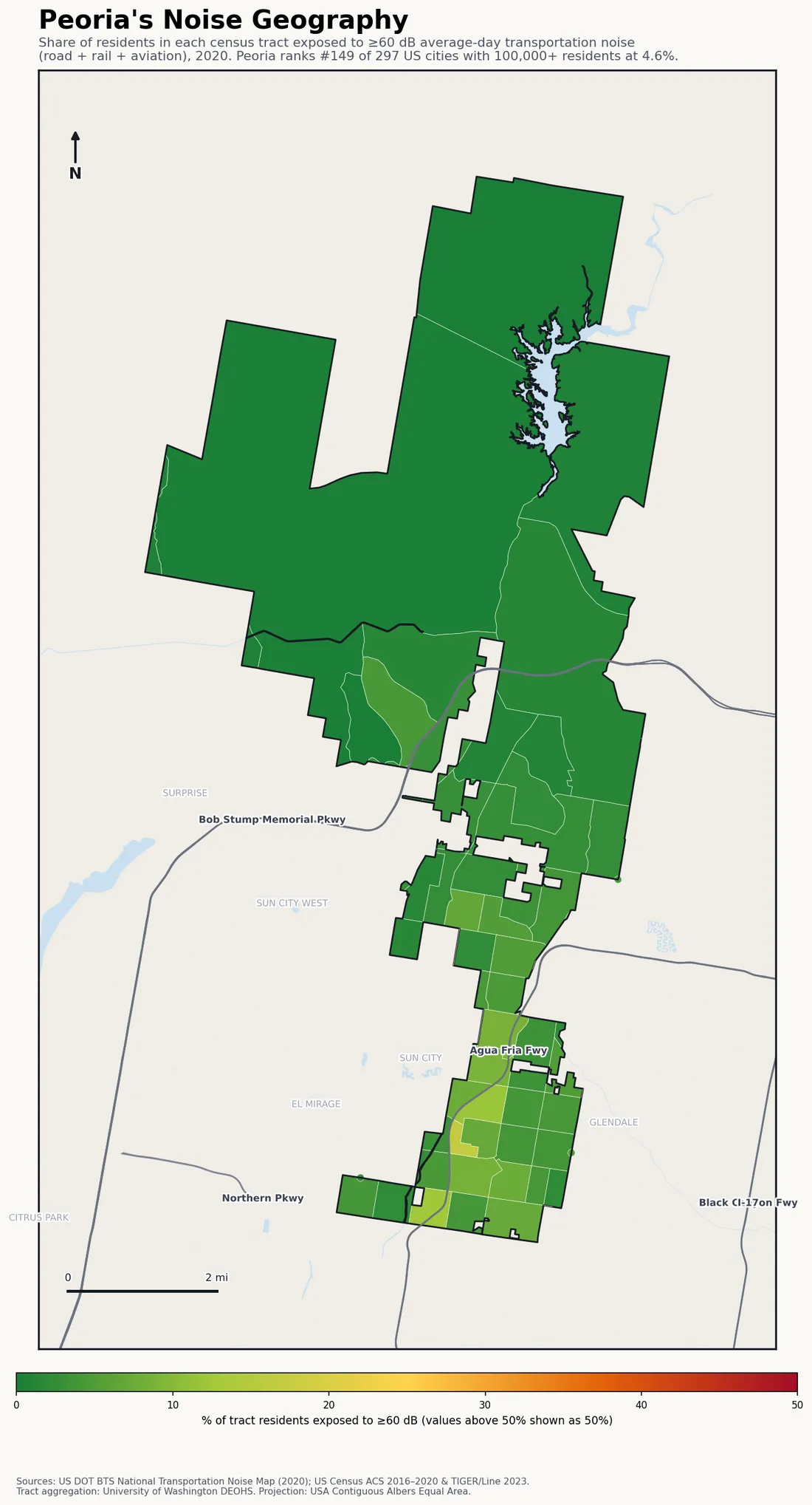 Census-tract noise map of Peoria, AZ: tracts colored green (few residents above 60 dB transportation noise) to red (half or more residents above 60 dB). The loudest tracts follow Peoria's busiest road, rail and flight corridors.
