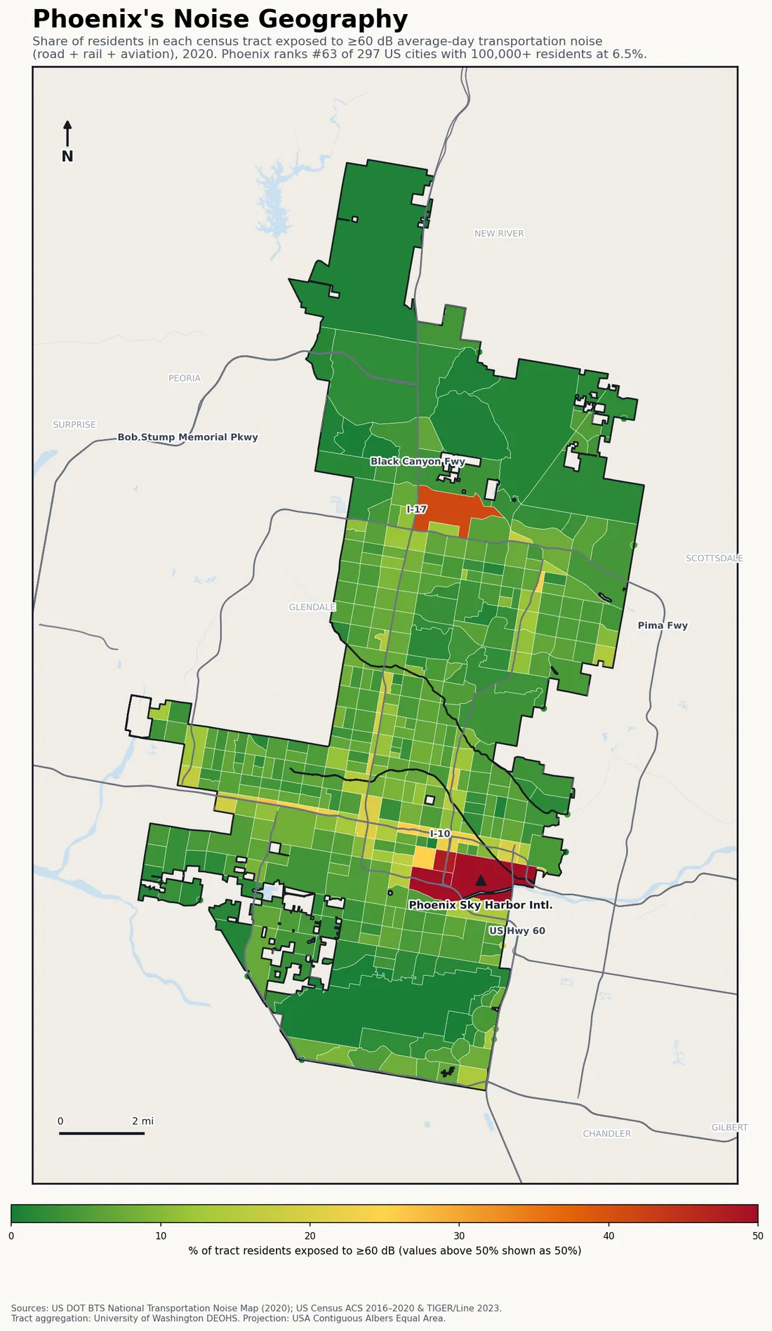 Census-tract noise map of Phoenix, AZ: tracts colored green (few residents above 60 dB transportation noise) to red (half or more residents above 60 dB). The loudest tracts follow Phoenix's busiest road, rail and flight corridors.