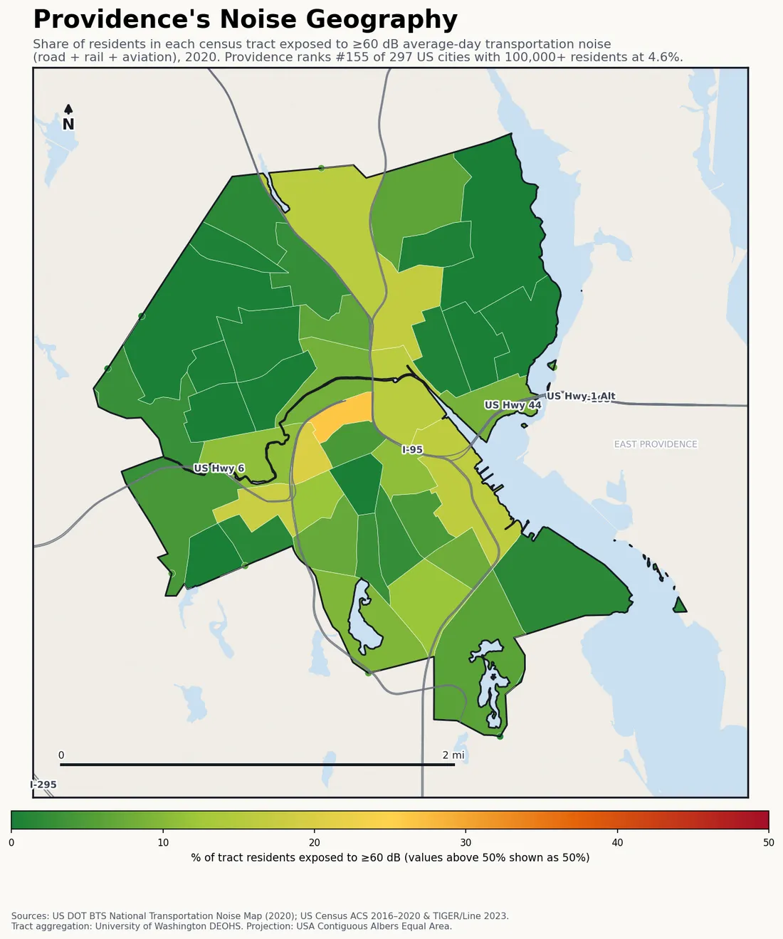 Census-tract noise map of Providence, RI: tracts colored green (few residents above 60 dB transportation noise) to red (half or more residents above 60 dB). The loudest tracts follow Providence's busiest road, rail and flight corridors.
