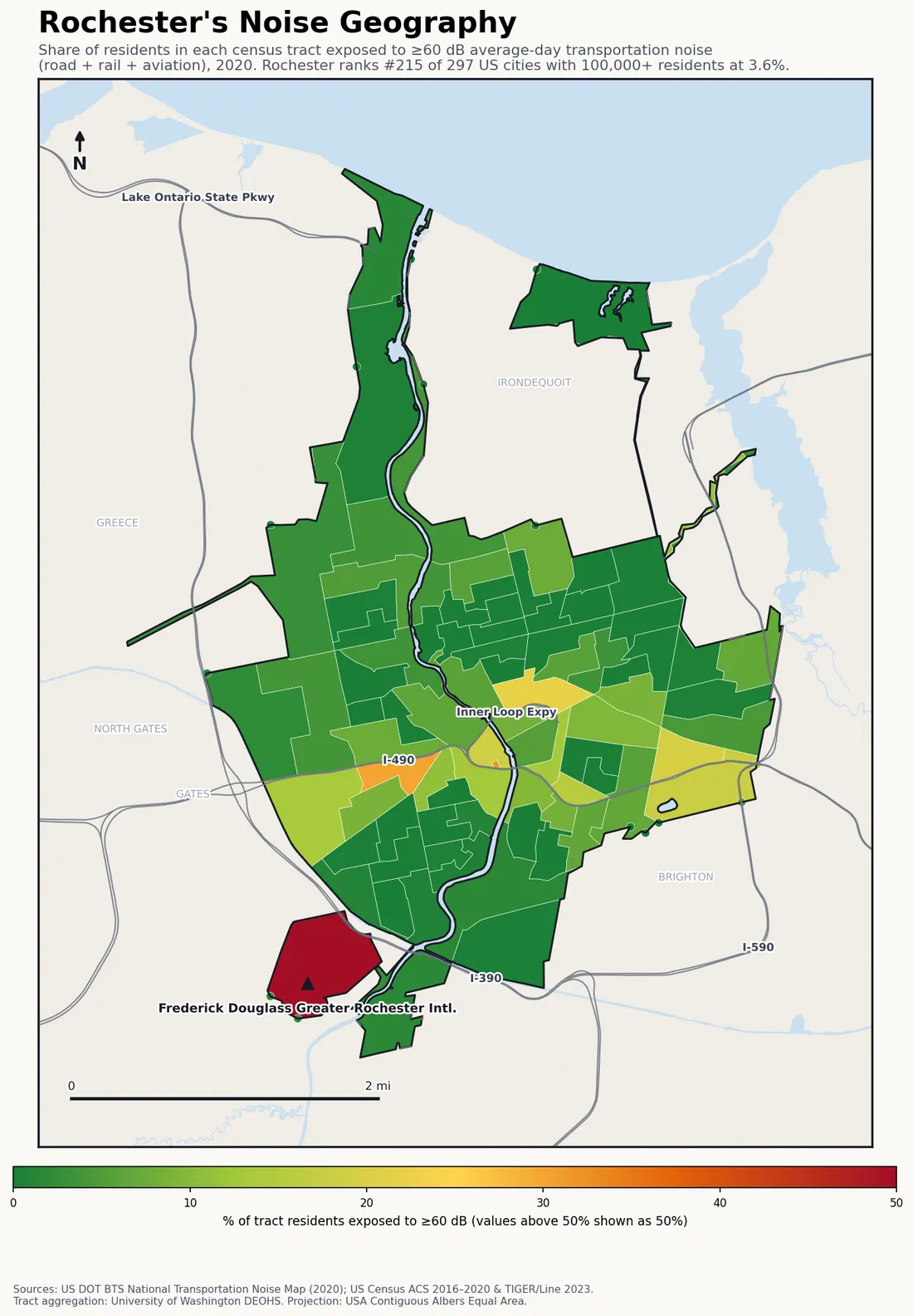 Census-tract noise map of Rochester, NY: tracts colored green (few residents above 60 dB transportation noise) to red (half or more residents above 60 dB). The loudest tracts follow Rochester's busiest road, rail and flight corridors.