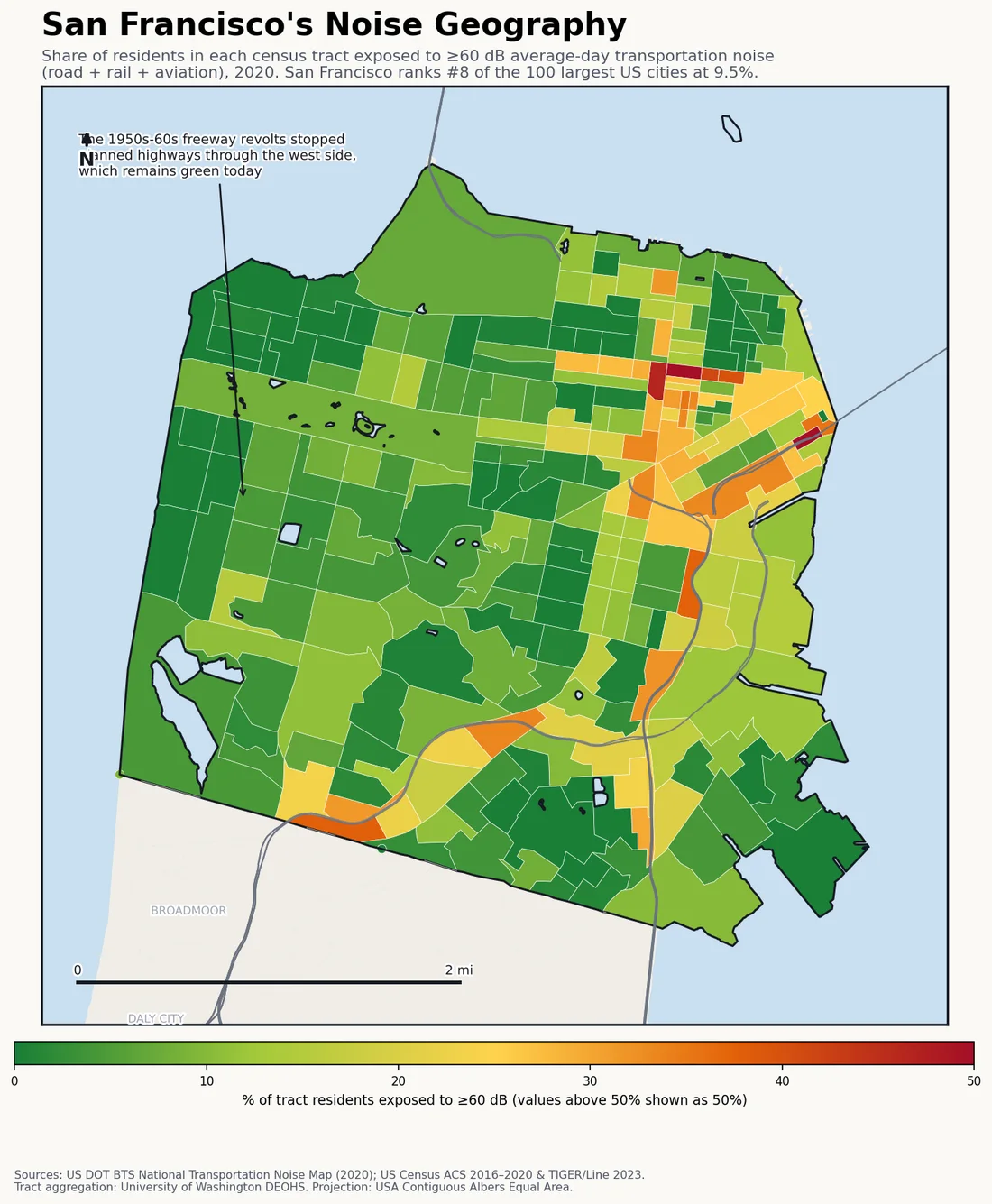 Census-tract noise map preview of San Francisco, CA — loudest tracts follow the US-101 and I-280 corridors.