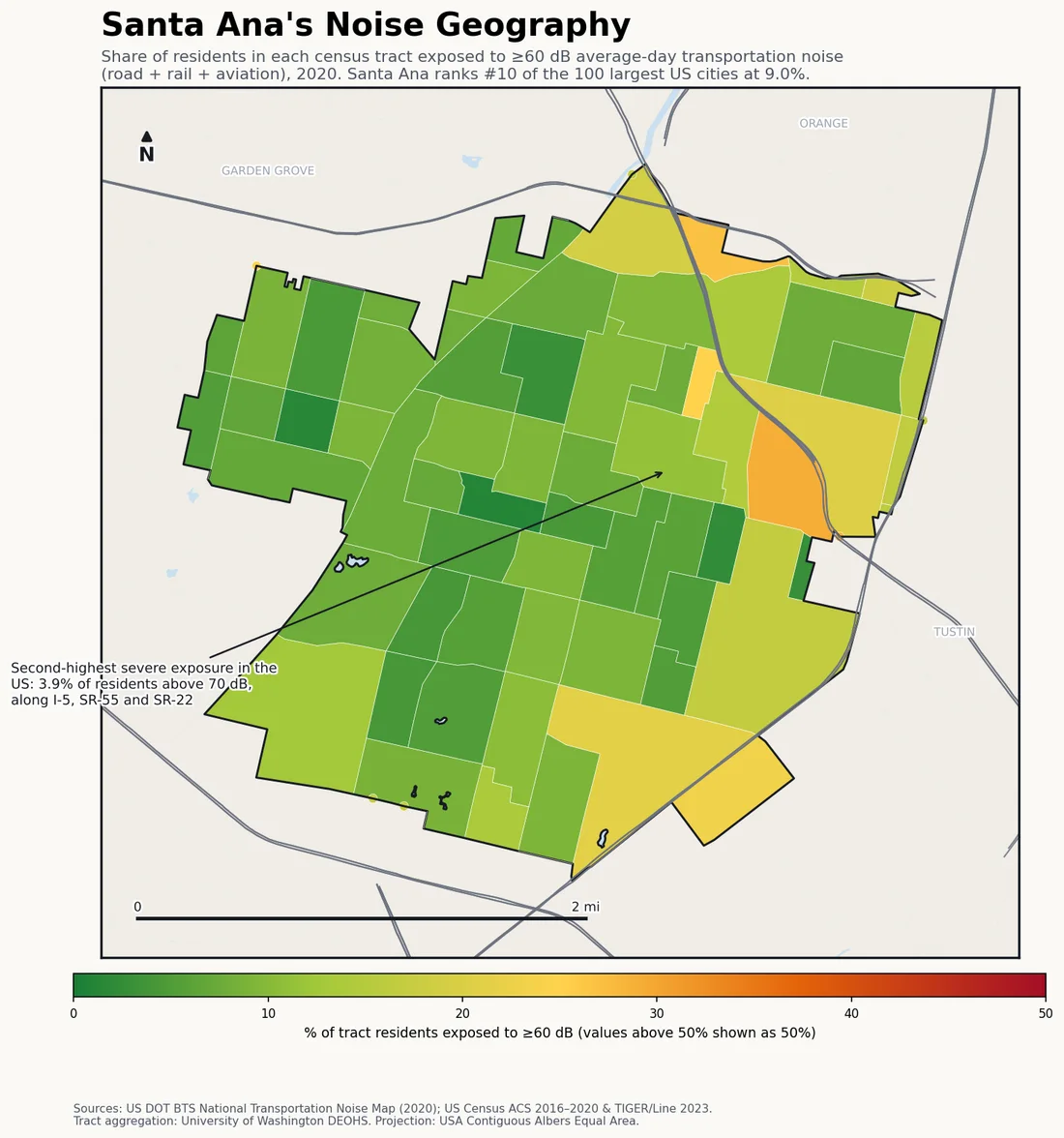 Census-tract noise map preview of Santa Ana, CA — loudest tracts follow the I-5, SR-55 and SR-22 freeways.