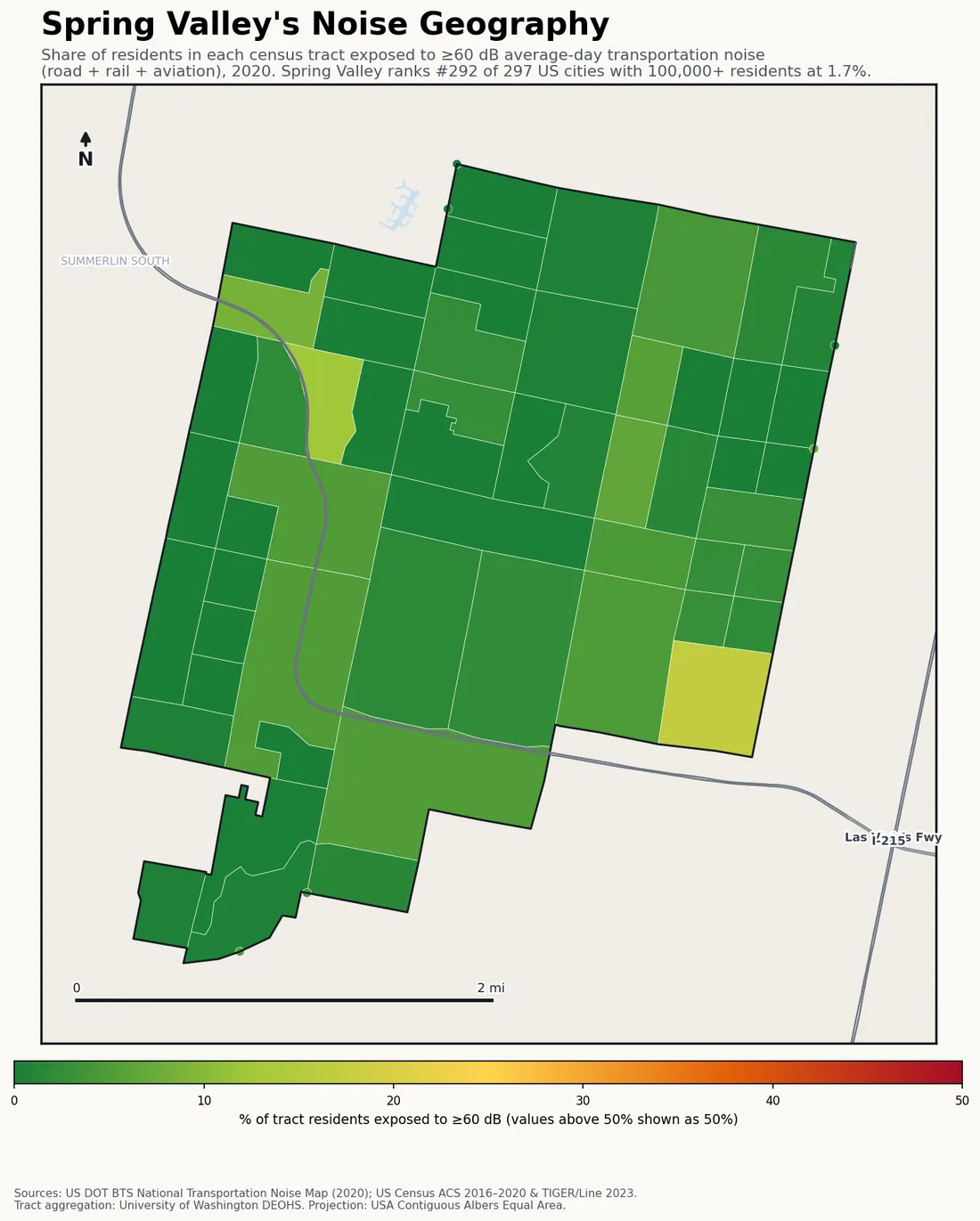 Census-tract noise map of Spring Valley, NV: tracts colored green (few residents above 60 dB transportation noise) to red (half or more residents above 60 dB). The loudest tracts follow Spring Valley's busiest road, rail and flight corridors.