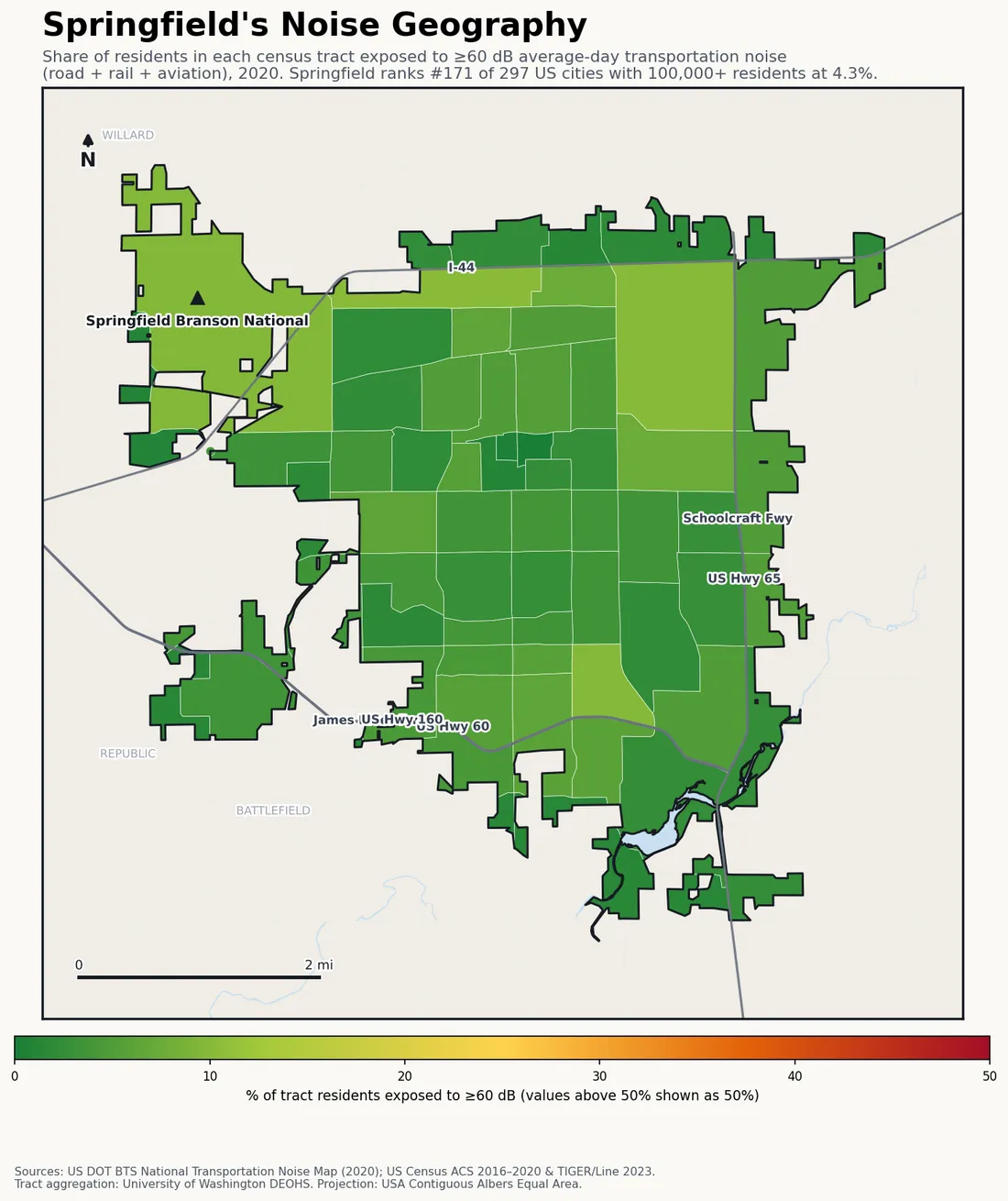 Census-tract noise map of Springfield, MO: tracts colored green (few residents above 60 dB transportation noise) to red (half or more residents above 60 dB). The loudest tracts follow Springfield's busiest road, rail and flight corridors.