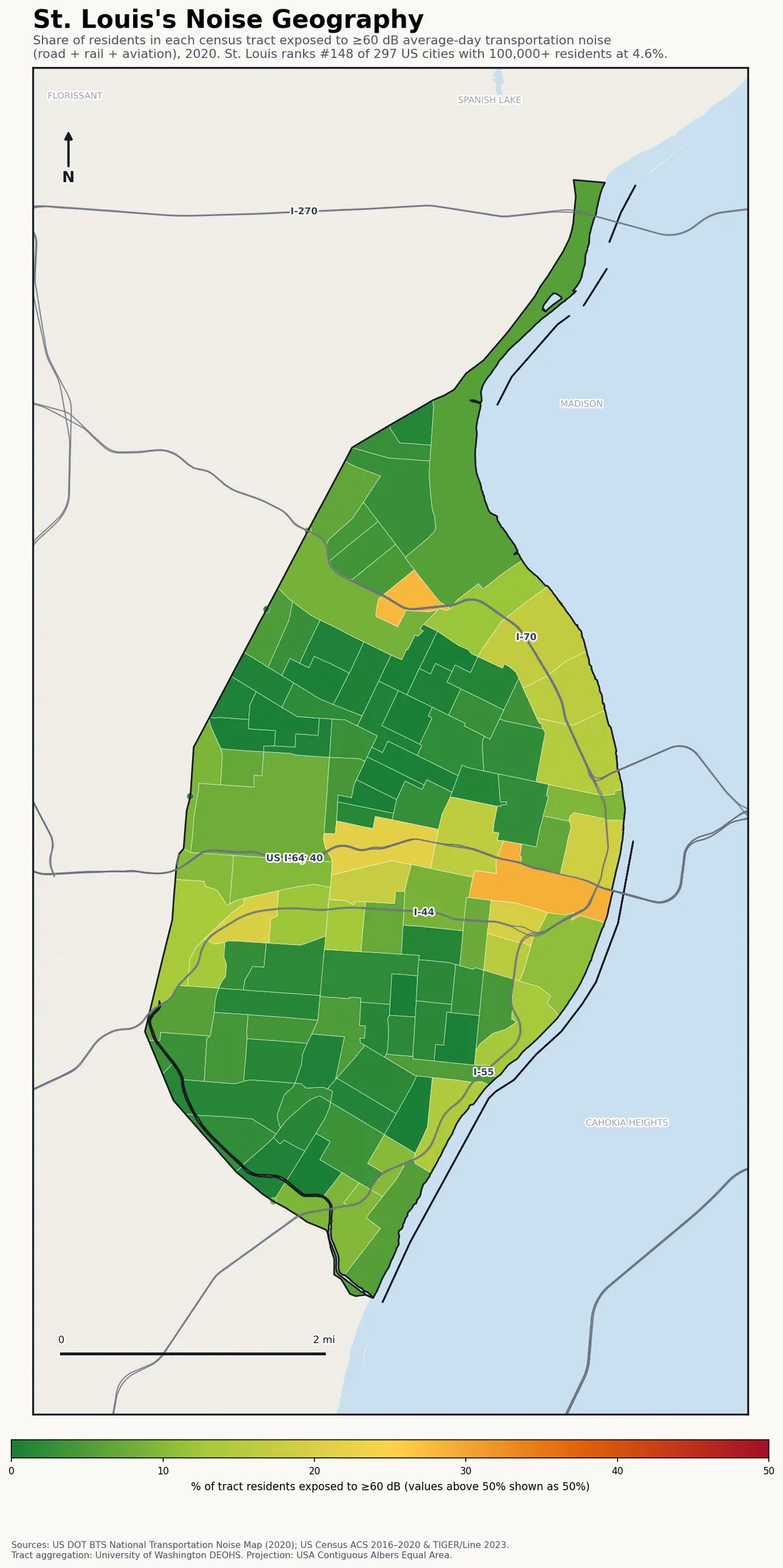 Census-tract noise map of St. Louis, MO: tracts colored green (few residents above 60 dB transportation noise) to red (half or more residents above 60 dB). The loudest tracts follow St. Louis's busiest road, rail and flight corridors.