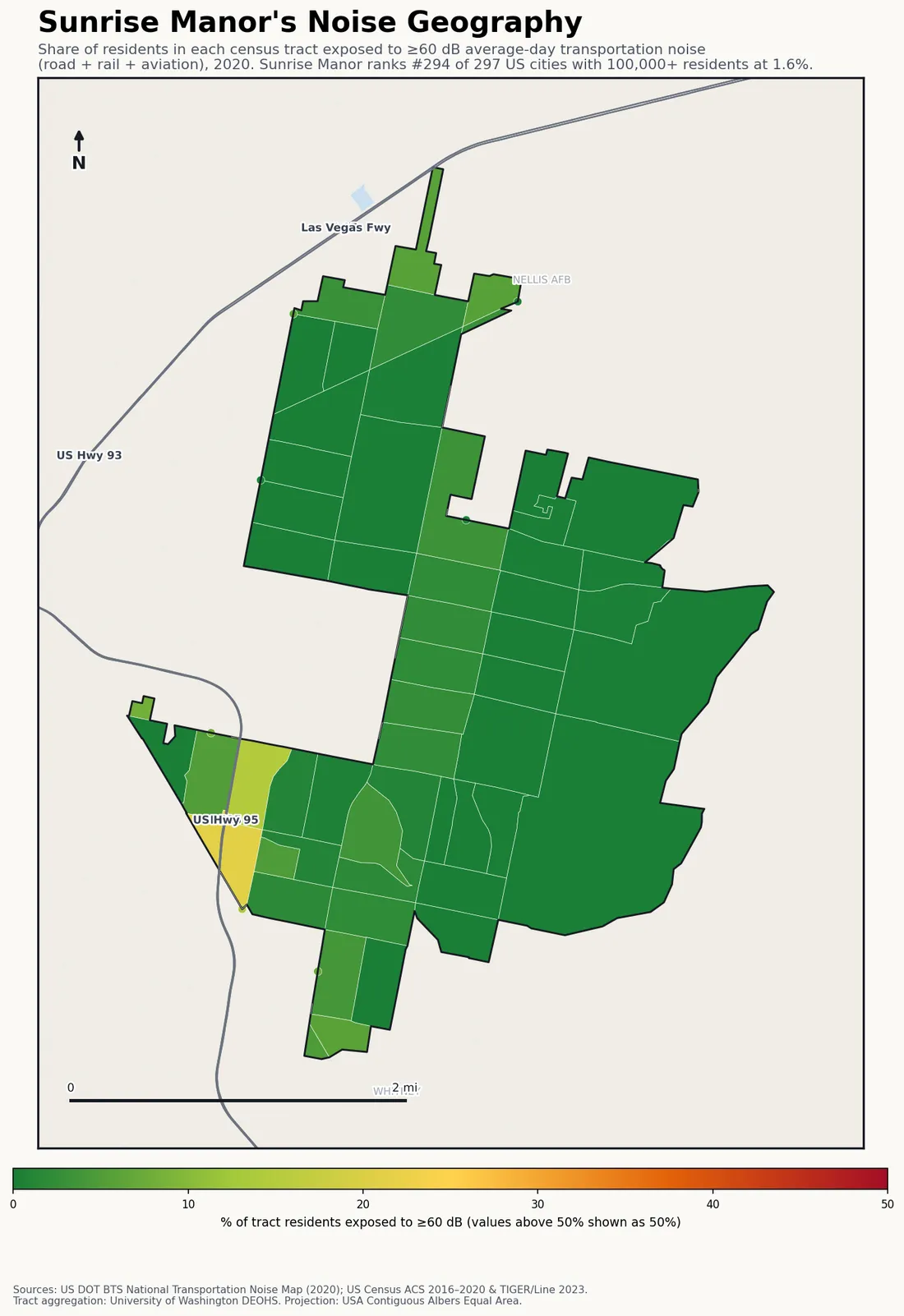 Census-tract noise map of Sunrise Manor, NV: tracts colored green (few residents above 60 dB transportation noise) to red (half or more residents above 60 dB). The loudest tracts follow Sunrise Manor's busiest road, rail and flight corridors.