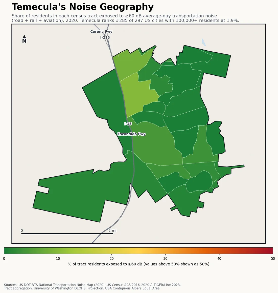 Census-tract noise map of Temecula, CA: tracts colored green (few residents above 60 dB transportation noise) to red (half or more residents above 60 dB). The loudest tracts follow Temecula's busiest road, rail and flight corridors.