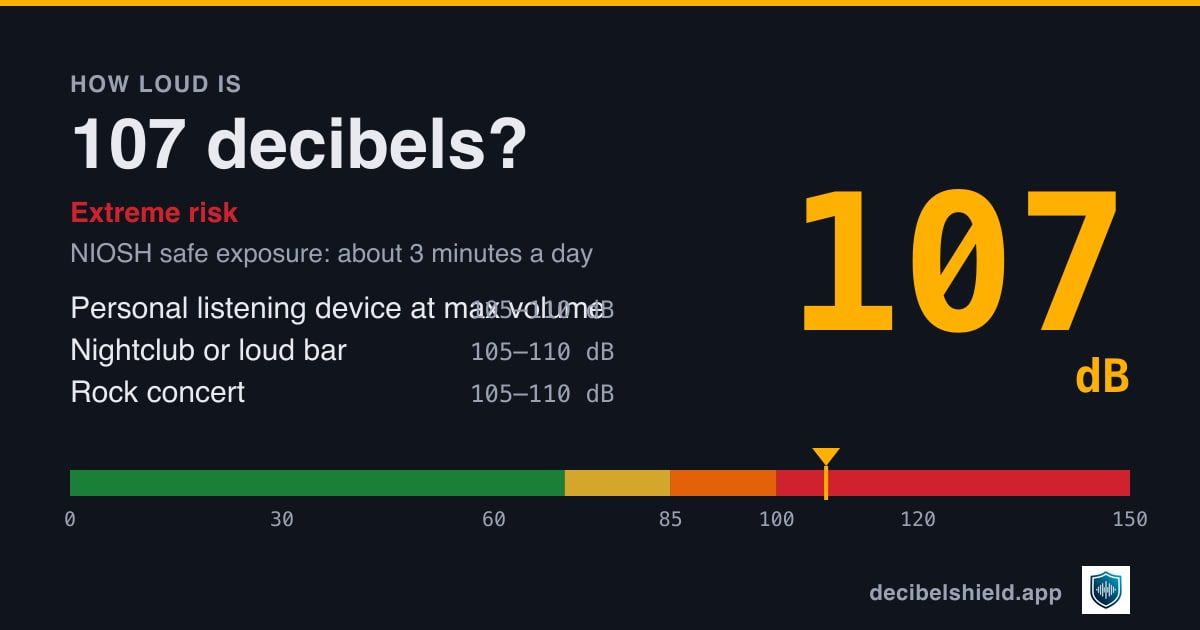 107 decibels marked on a colour-banded decibel scale from 0 to 150 dB, about as loud as personal listening device at max volume or nightclub or loud bar; NIOSH safe exposure about 3 minutes a day.