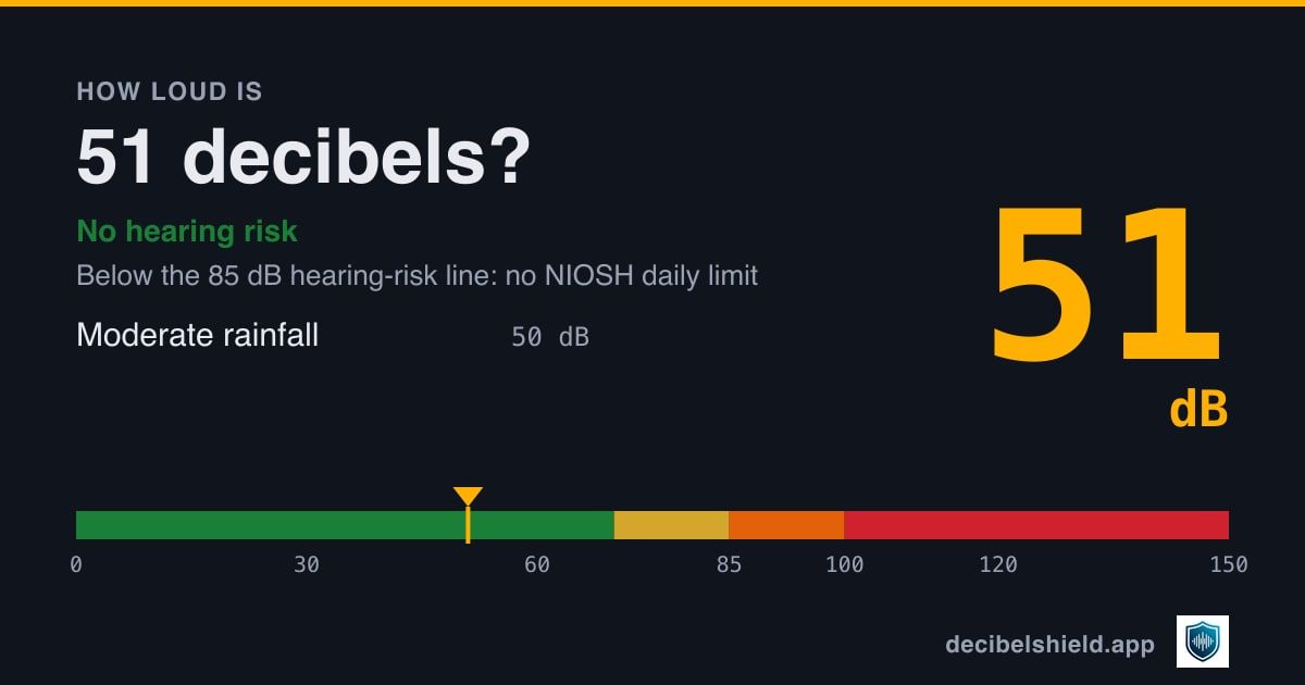 51 decibels marked on a colour-banded decibel scale from 0 to 150 dB, about as loud as moderate rainfall; below the 85 dB hearing-risk line.