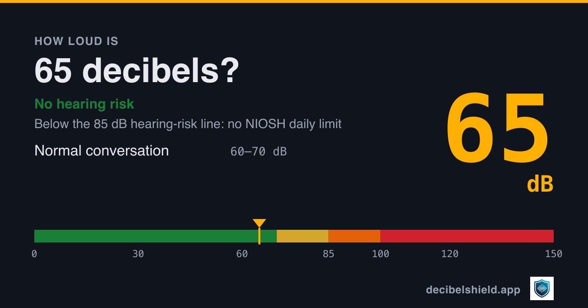 65 decibels marked on a colour-banded decibel scale from 0 to 150 dB, about as loud as normal conversation; below the 85 dB hearing-risk line.