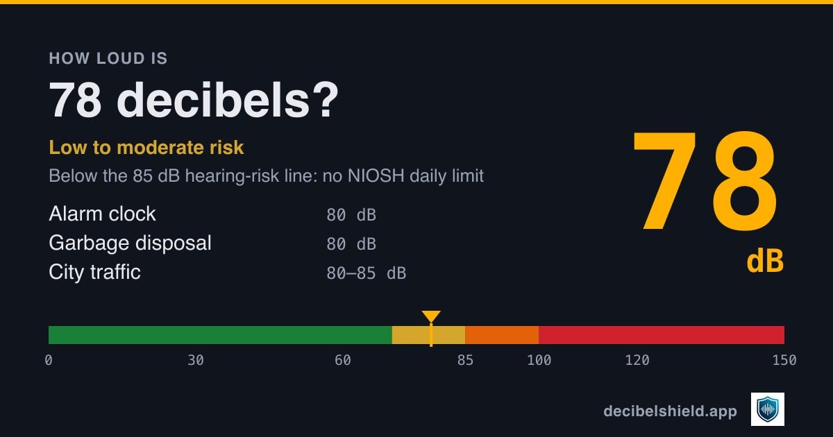 78 decibels marked on a colour-banded decibel scale from 0 to 150 dB, about as loud as alarm clock or garbage disposal; below the 85 dB hearing-risk line.