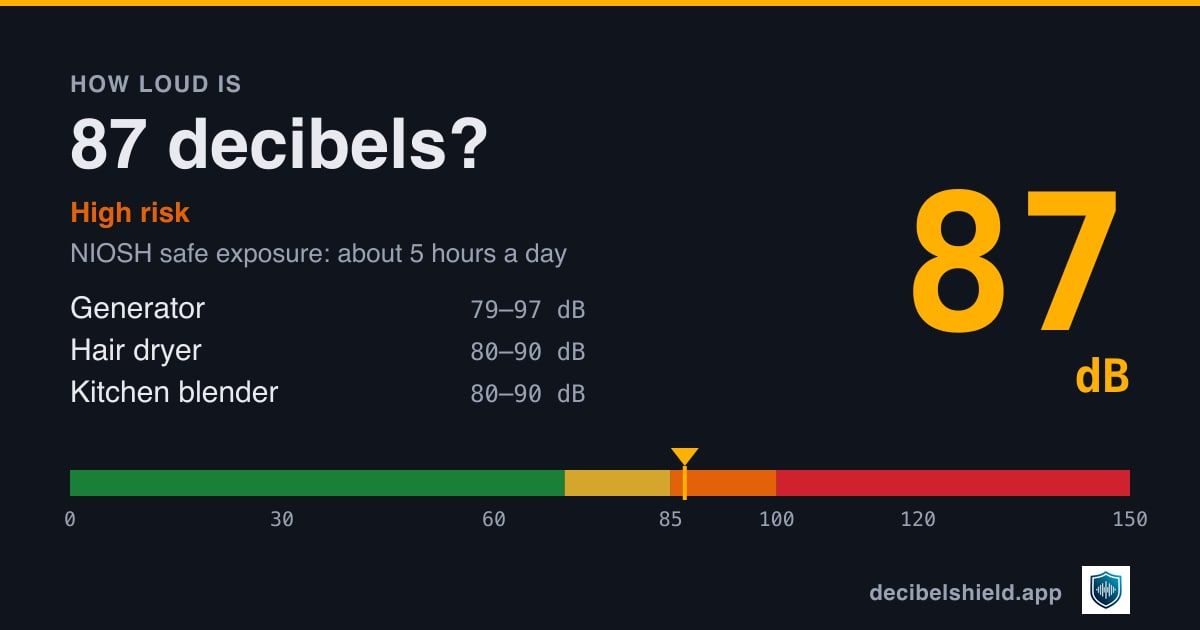 87 decibels marked on a colour-banded decibel scale from 0 to 150 dB, about as loud as generator or hair dryer; NIOSH safe exposure about 5 hours a day.