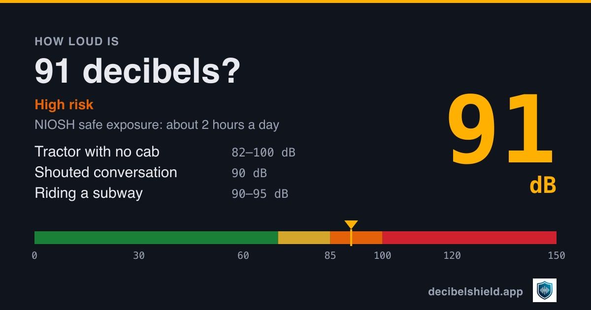 91 decibels marked on a colour-banded decibel scale from 0 to 150 dB, about as loud as tractor with no cab or shouted conversation; NIOSH safe exposure about 2 hours a day.