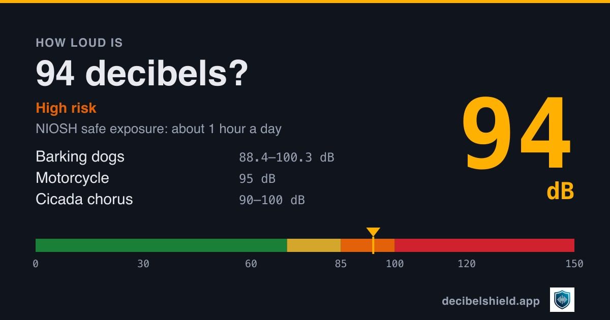 94 decibels marked on a colour-banded decibel scale from 0 to 150 dB, about as loud as barking dogs or motorcycle; NIOSH safe exposure about 1 hour a day.