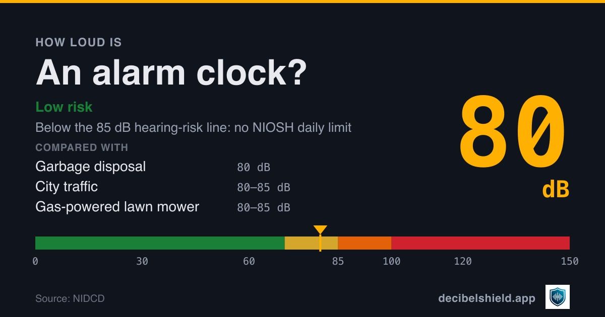 Alarm clock at 80 dB marked on a colour-banded decibel scale from 0 to 150 dB, low risk; below the 85 dB hearing-risk line. Source: NIDCD.