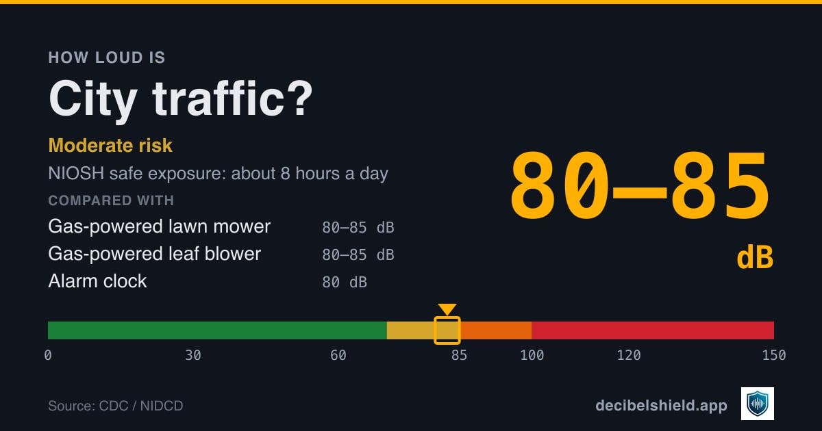 City traffic at 80–85 dB marked on a colour-banded decibel scale from 0 to 150 dB, moderate risk; NIOSH safe exposure about 8 hours a day. Source: CDC / NIDCD.