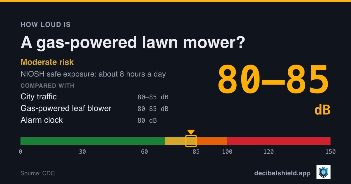 Gas-powered lawn mower at 80–85 dB marked on a colour-banded decibel scale from 0 to 150 dB, moderate risk; NIOSH safe exposure about 8 hours a day. Source: CDC.