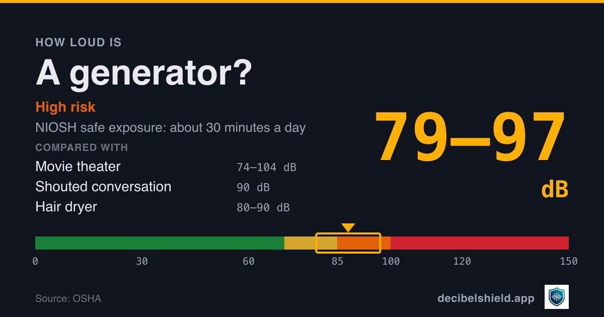 Generator at 79–97 dB marked on a colour-banded decibel scale from 0 to 150 dB, high risk; NIOSH safe exposure about 30 minutes a day. Source: OSHA.