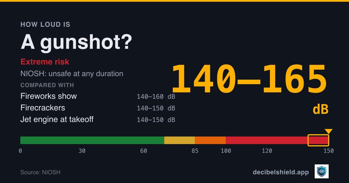 Gunshot at 140–165 dB marked on a colour-banded decibel scale from 0 to 150 dB, extreme risk; NIOSH safe exposure unsafe at any duration. Source: NIOSH.
