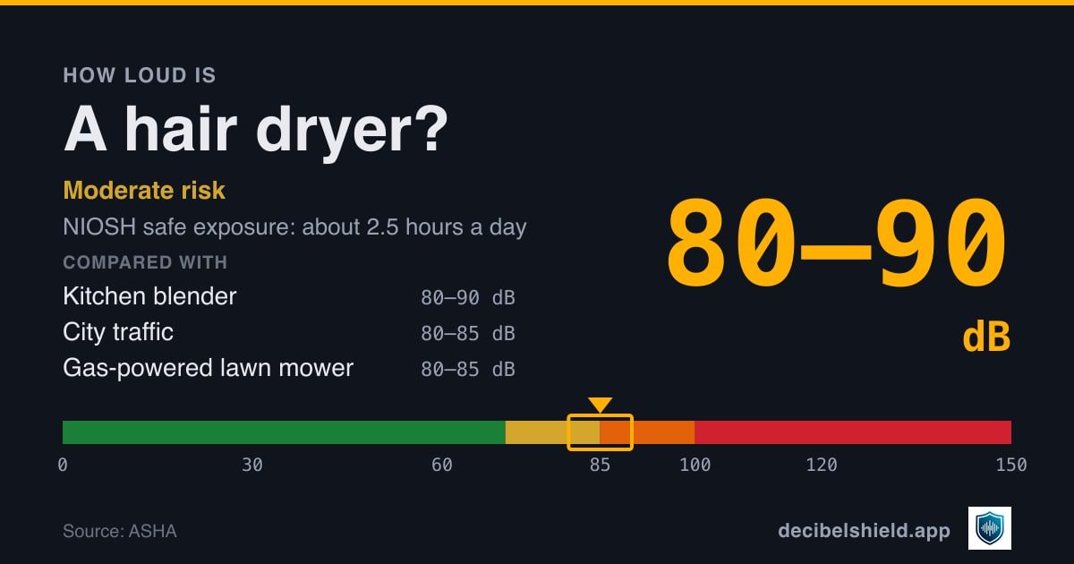 Hair dryer at 80–90 dB marked on a colour-banded decibel scale from 0 to 150 dB, moderate risk; NIOSH safe exposure about 2.5 hours a day. Source: ASHA.