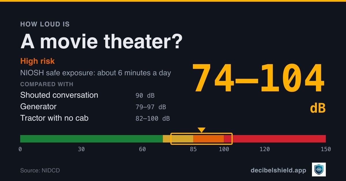 Movie theater at 74–104 dB marked on a colour-banded decibel scale from 0 to 150 dB, high risk; NIOSH safe exposure about 6 minutes a day. Source: NIDCD.