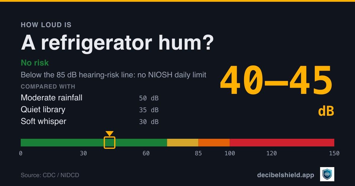 Refrigerator hum at 40–45 dB marked on a colour-banded decibel scale from 0 to 150 dB, no risk; below the 85 dB hearing-risk line. Source: CDC / NIDCD.