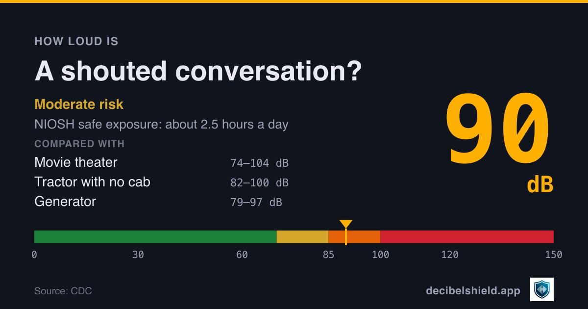 Shouted conversation at 90 dB marked on a colour-banded decibel scale from 0 to 150 dB, moderate risk; NIOSH safe exposure about 2.5 hours a day. Source: CDC.