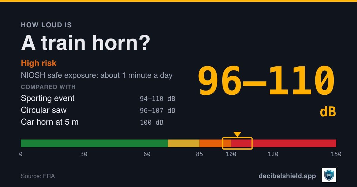 Train horn at 96–110 dB marked on a colour-banded decibel scale from 0 to 150 dB, high risk; NIOSH safe exposure about 1 minute a day. Source: FRA.
