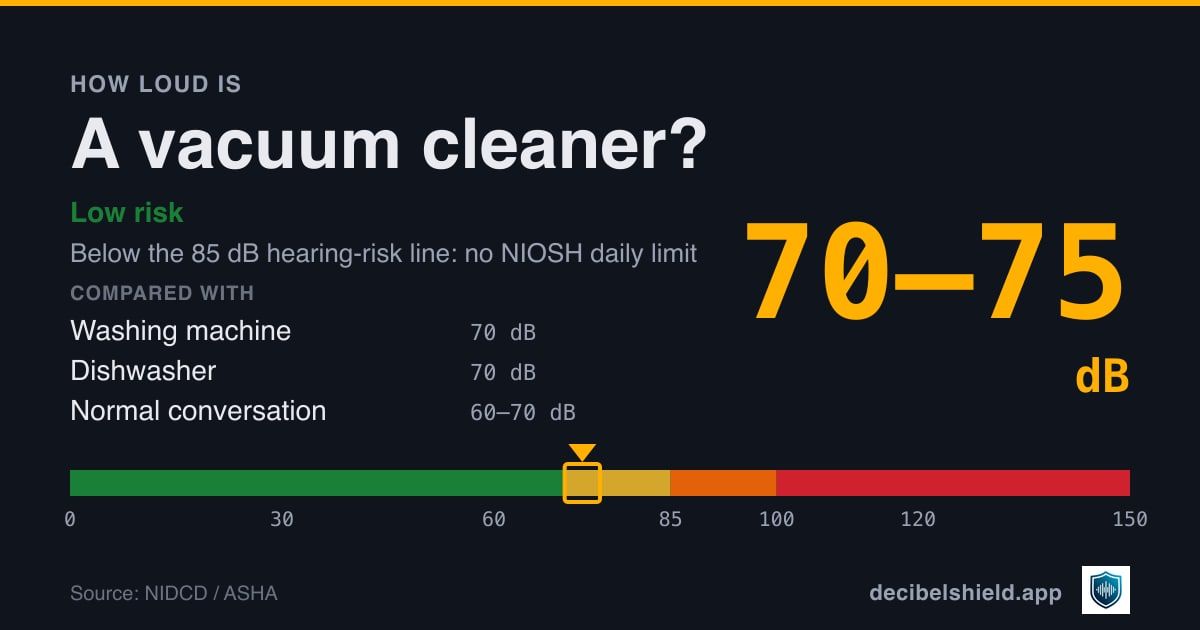 Vacuum cleaner at 70–75 dB marked on a colour-banded decibel scale from 0 to 150 dB, low risk; below the 85 dB hearing-risk line. Source: NIDCD / ASHA.